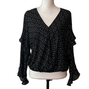 Max Studio Boho V neck Long Ruffle Sleeve Top SZ Medium Black White Polka Dot